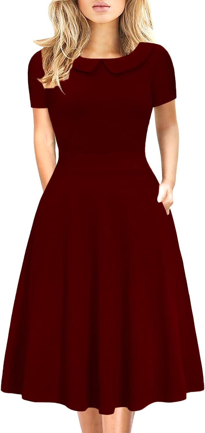 Women's Elegant Vintage Dresses Knee Length Casual Floral Print Work Party Peter Pan Collar A-Line Dress with Pockets 978