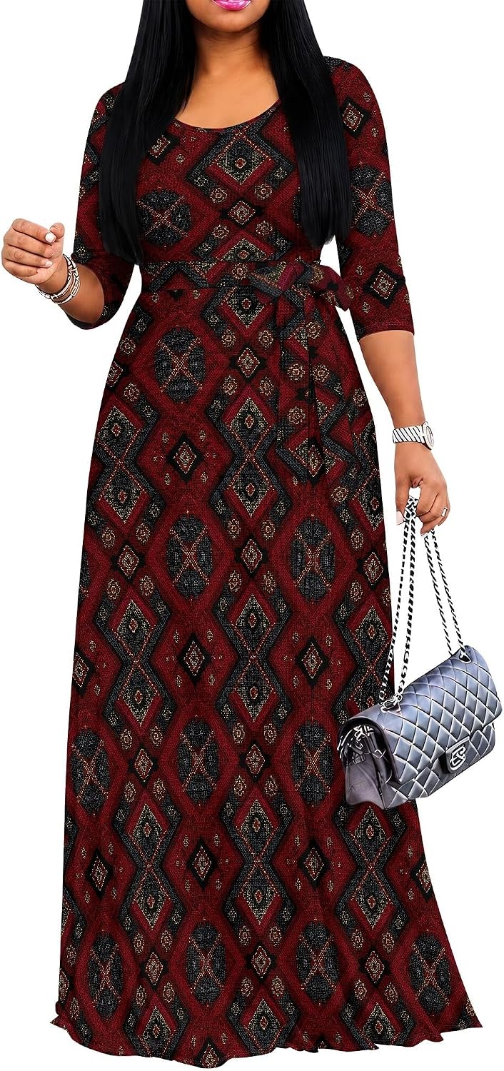 PinkPatty Women's Plus Size V Neck 3/4 Sleeve Boho Maxi Dress with Pockets