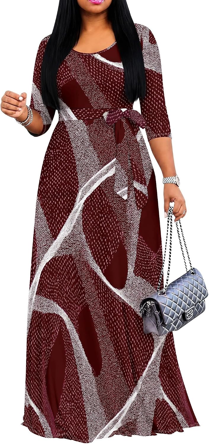 PinkPatty Women's Plus Size V Neck 3/4 Sleeve Boho Maxi Dress with Pockets
