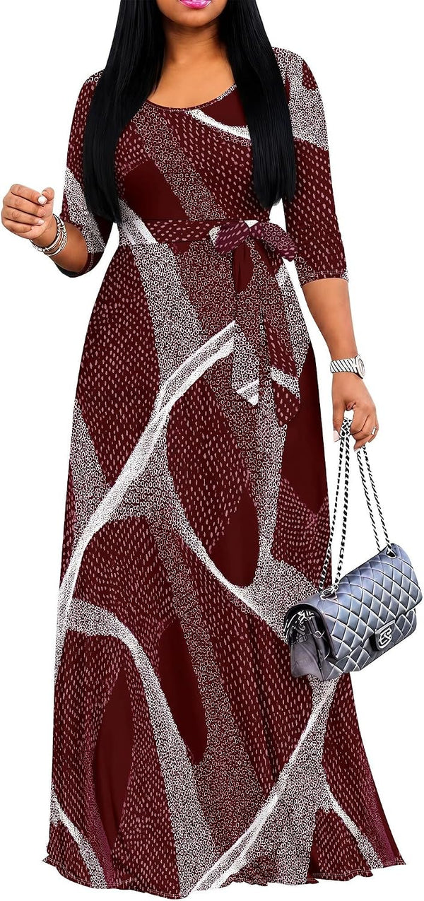 PinkPatty Women's Plus Size V Neck 3/4 Sleeve Boho Maxi Dress with Pockets