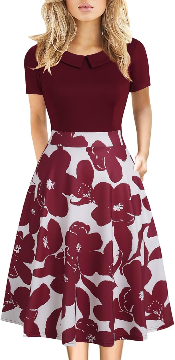 Women's Elegant Vintage Dresses Knee Length Casual Floral Print Work Party Peter Pan Collar A-Line Dress with Pockets 978