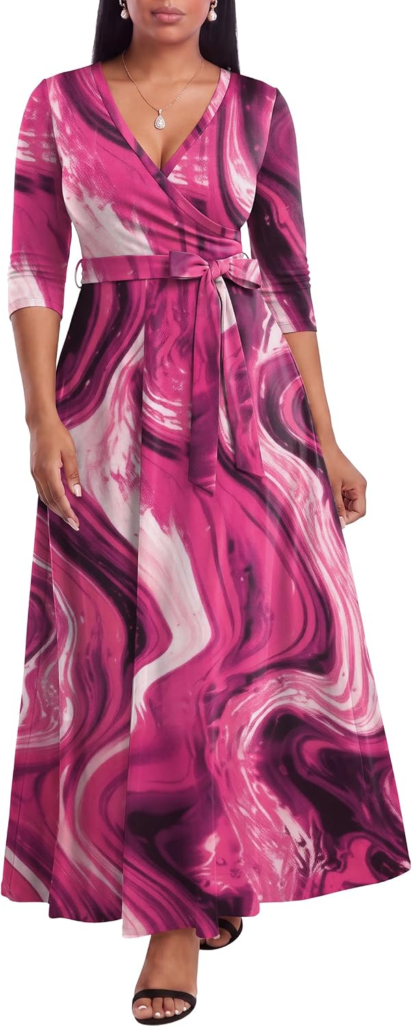 FANDEE Plus Size Maxi Dress for Women Casual Summer Sundress V-Neck 3/4 Sleeve