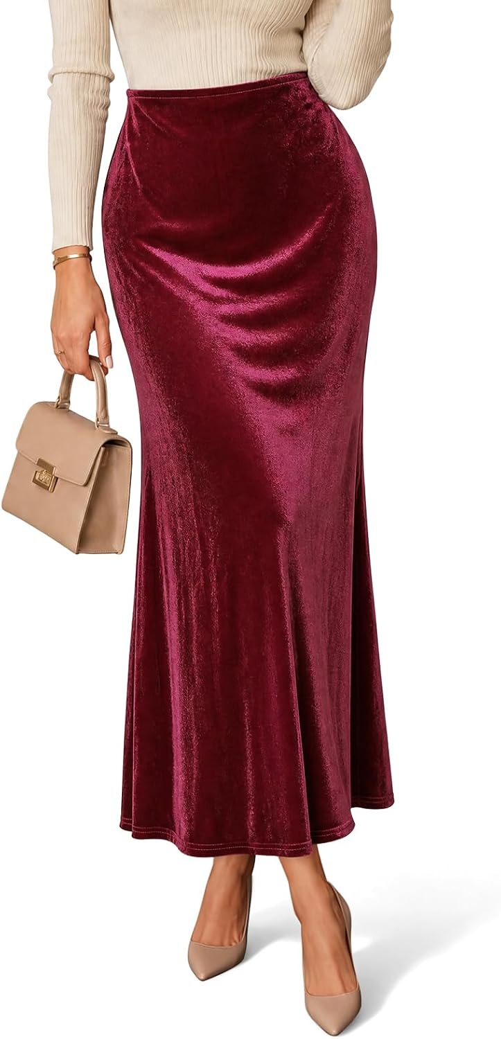 Cicy Bell Womens Velvet Maxi Skirt Fall High Waisted A-Line Long Skirts