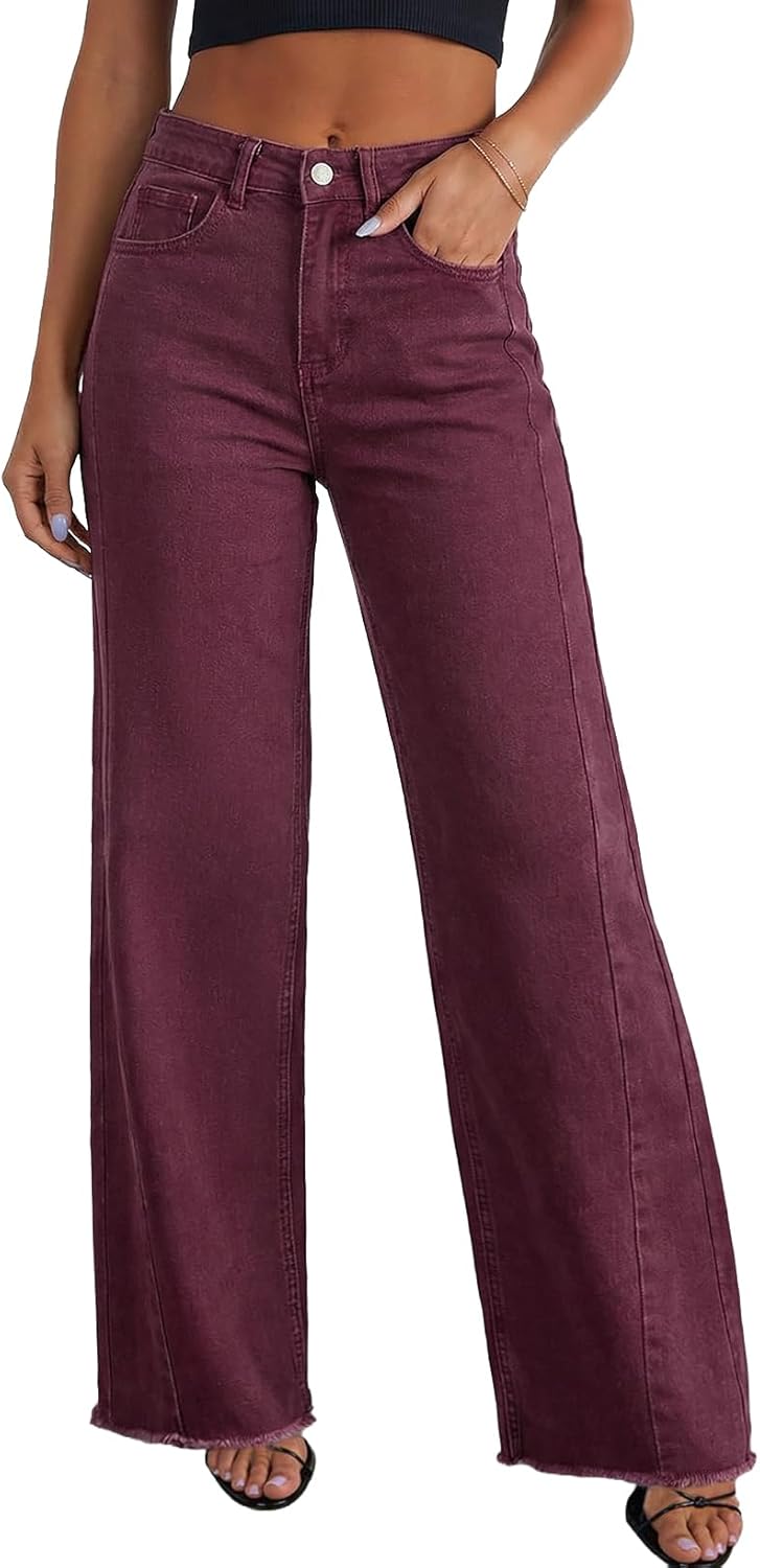 Sidefeel Women's Wide Leg Jeans High Waisted Stretchy Raw Hem