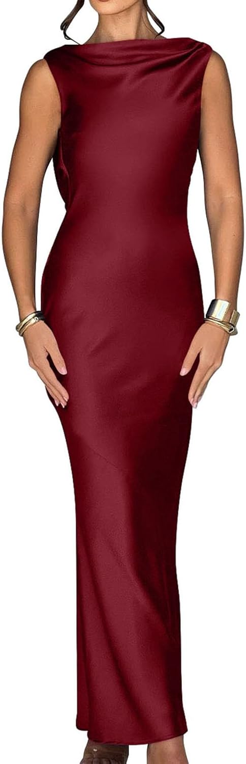 Memoriesea Women's Elegant Sleeveless High Neck Tie Cocktail Wedding Party Maxi Dress