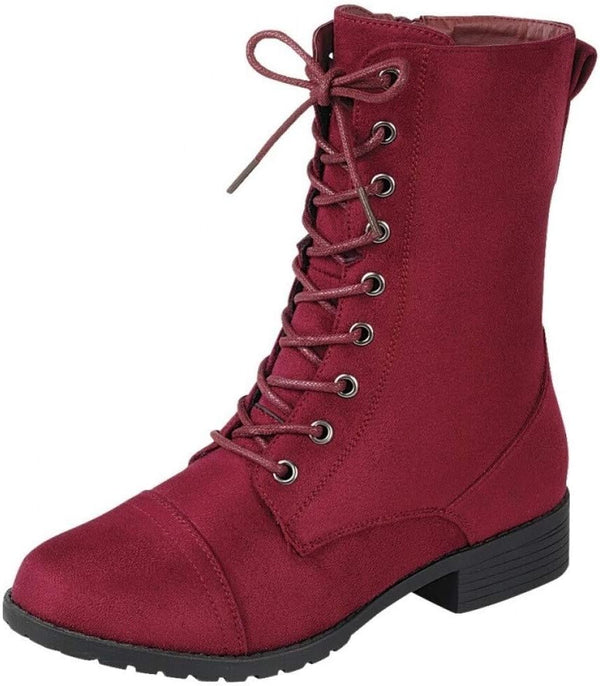 Forever Link Womens Round Toe Military Lace Up Knit Ankle Cuff Low Heel Combat Boots
