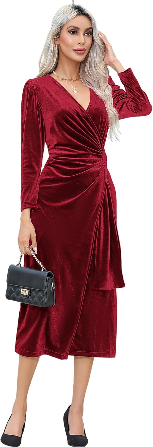 R.Vivimos Women's Velvet Wrap Fall Winter Elegant Midi Dress