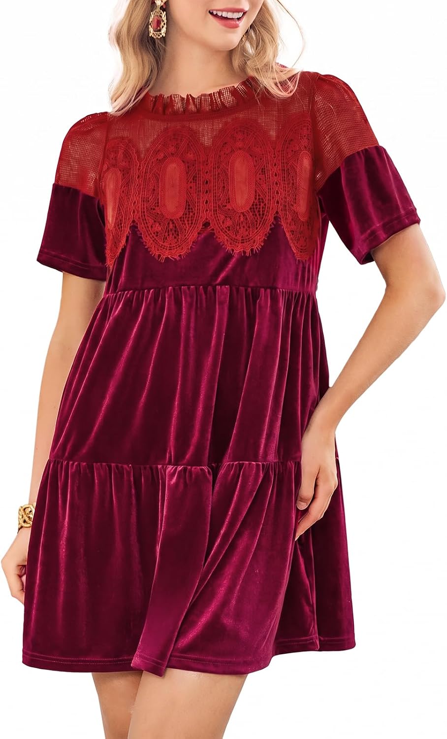 Wenrine Womens Velvet Dress Fall Lace Short Sleeve Babydoll Mini Dresses
