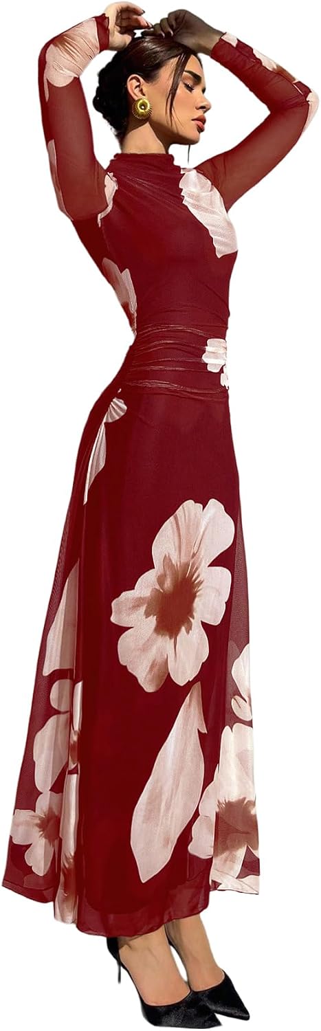 Verdusa Women's Floral Wedding Guest Dress Long Sleeve Mesh Maxi Dresses