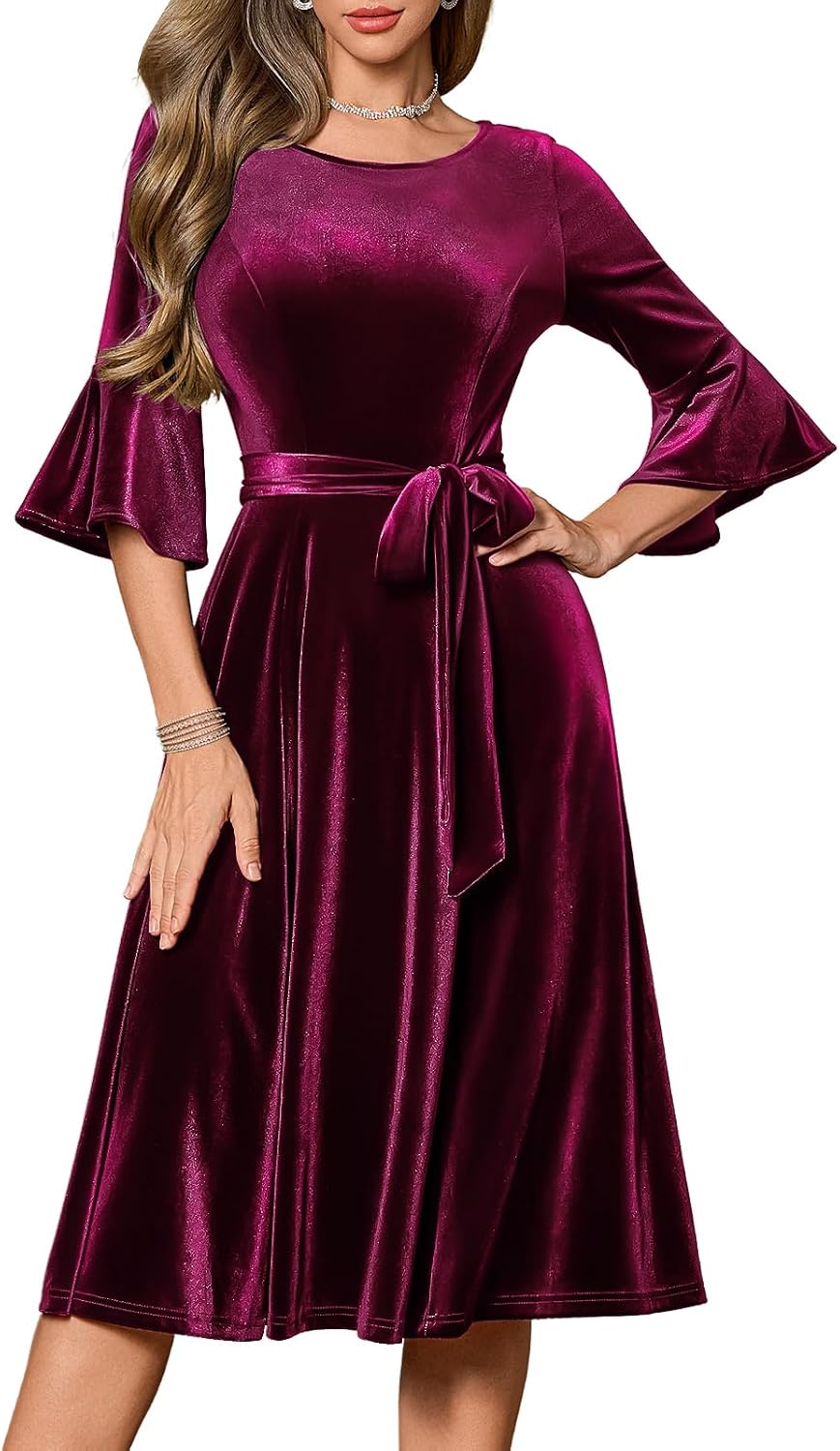 HomRain Long Sleeve Midi Velvet Dress for Women Vintage Christmas Dresses
