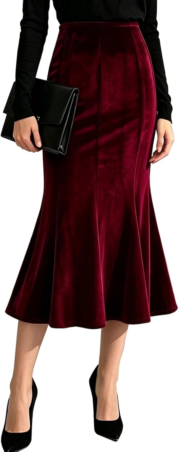 TONCHENGSD Women's Fall Winter Velvet Midi Skirt High Wasit Bodycon Fishtail Skirts