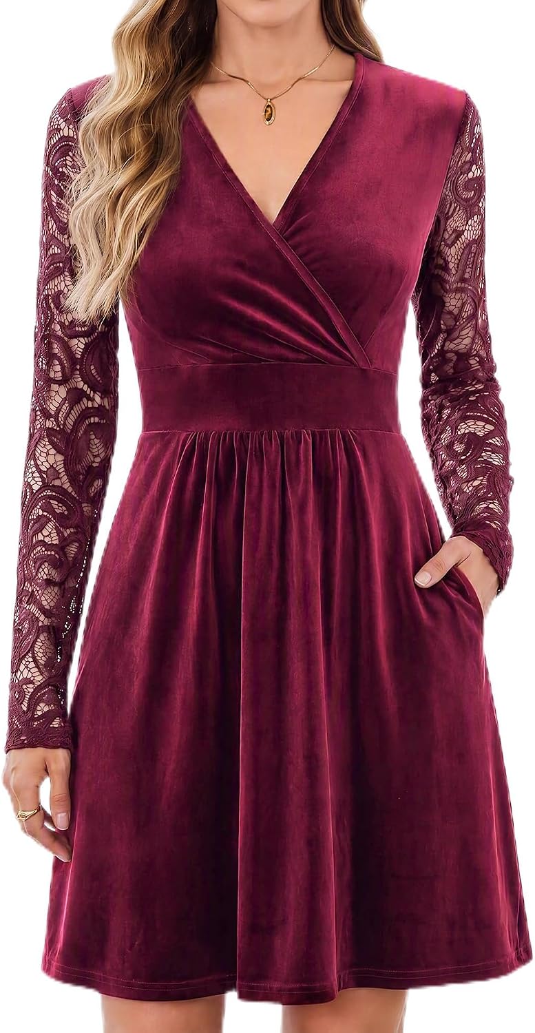 AUSELILY Velvet Dress for Women V Neck Lace Sleeve Wrap Dress