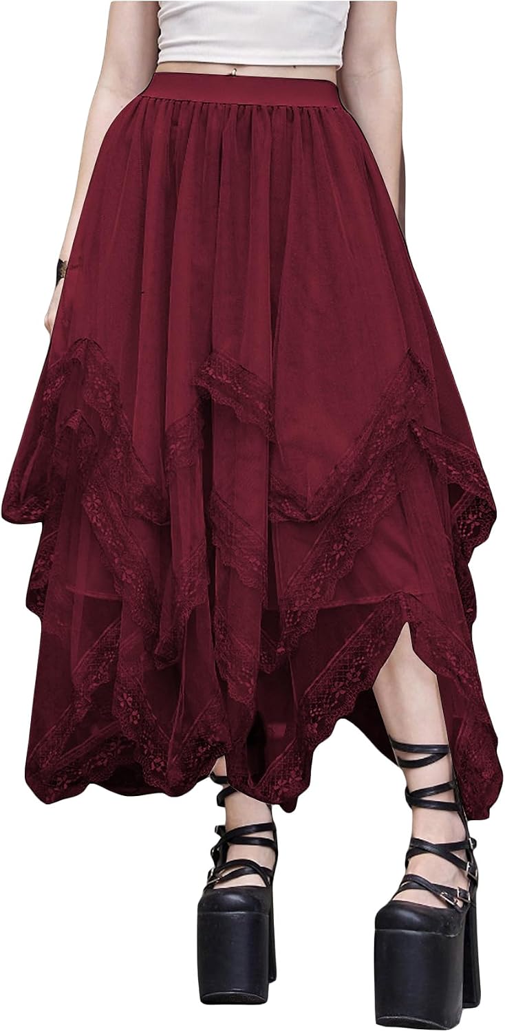 SHENHE Women's Lace Trim Layered Mesh Tulle Skirt Asymmetrical Goth Skirt