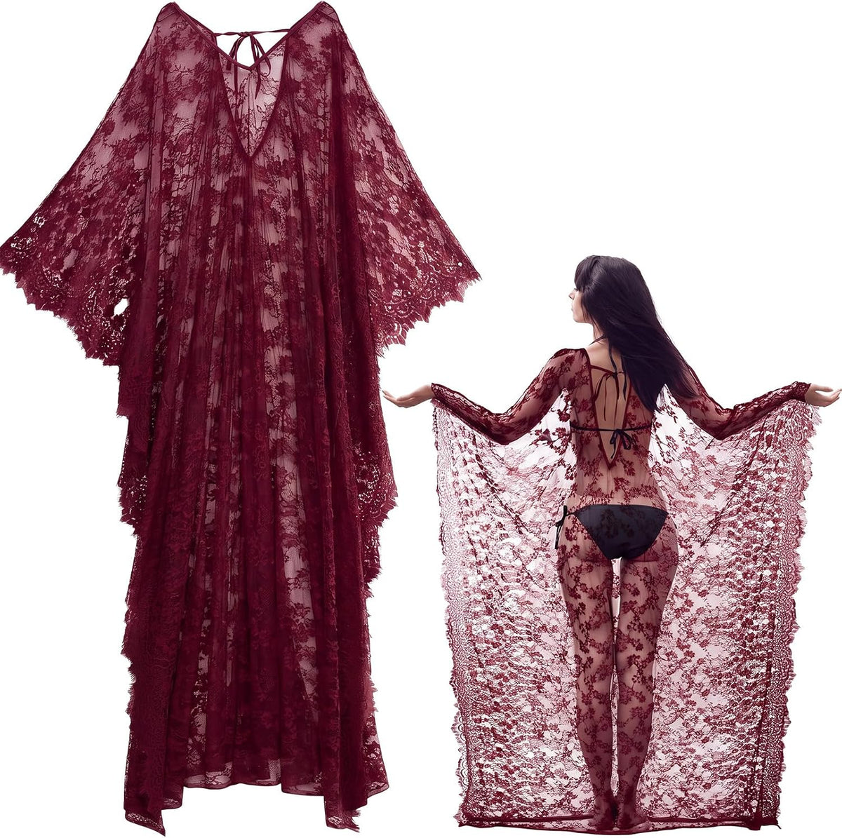 Mepase Boho Witch Lace Kimono Kaftan Dress Robe Beach Bikini Swimsuit