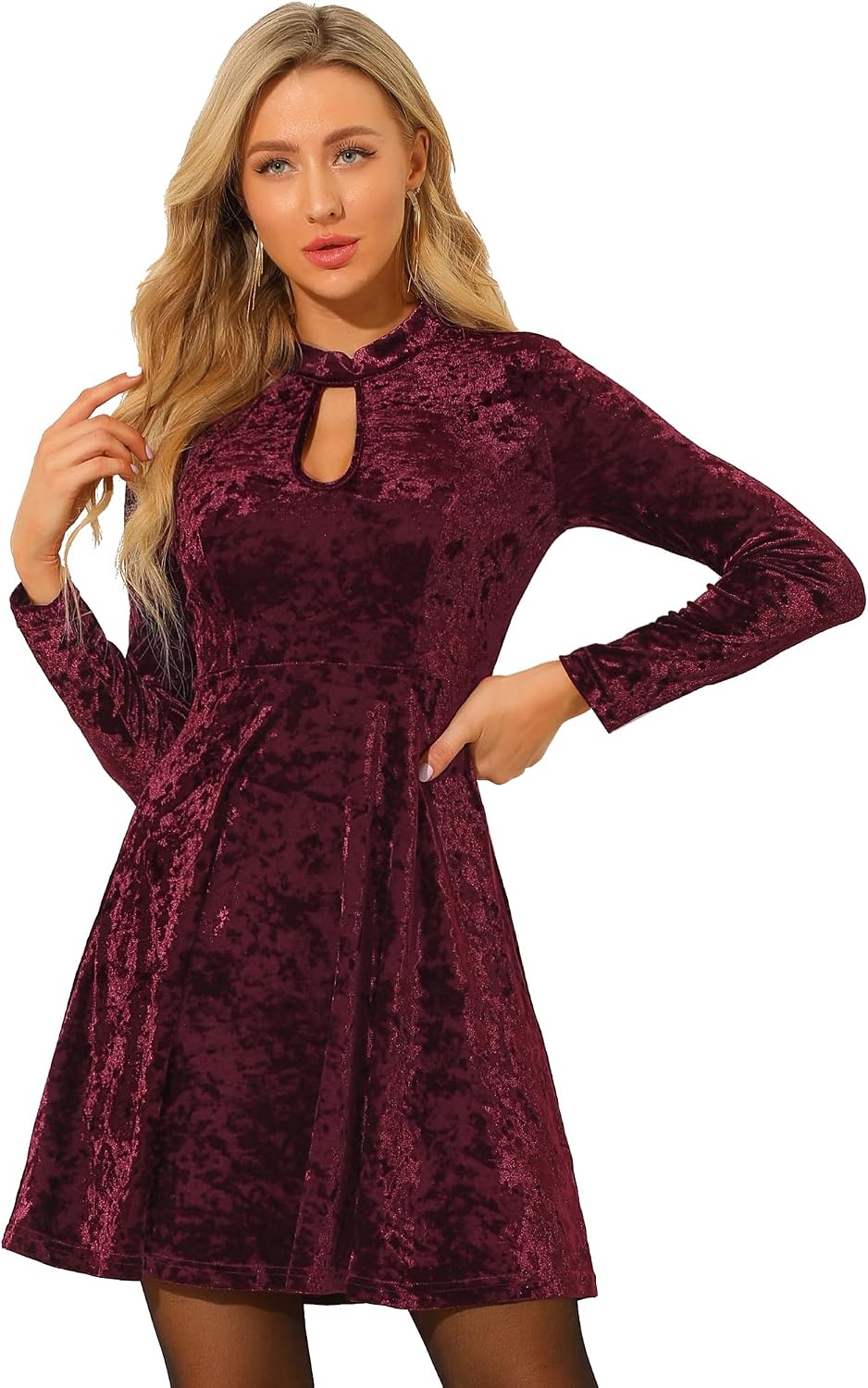 Allegra K Women Velvet High Waist Keyhole Neck Swing Mini Dress