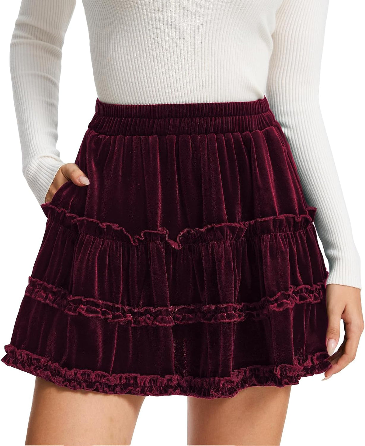 HERBATOMIA Women’s Velvet Mini Tiered Skater Skirts for Women with Pockets