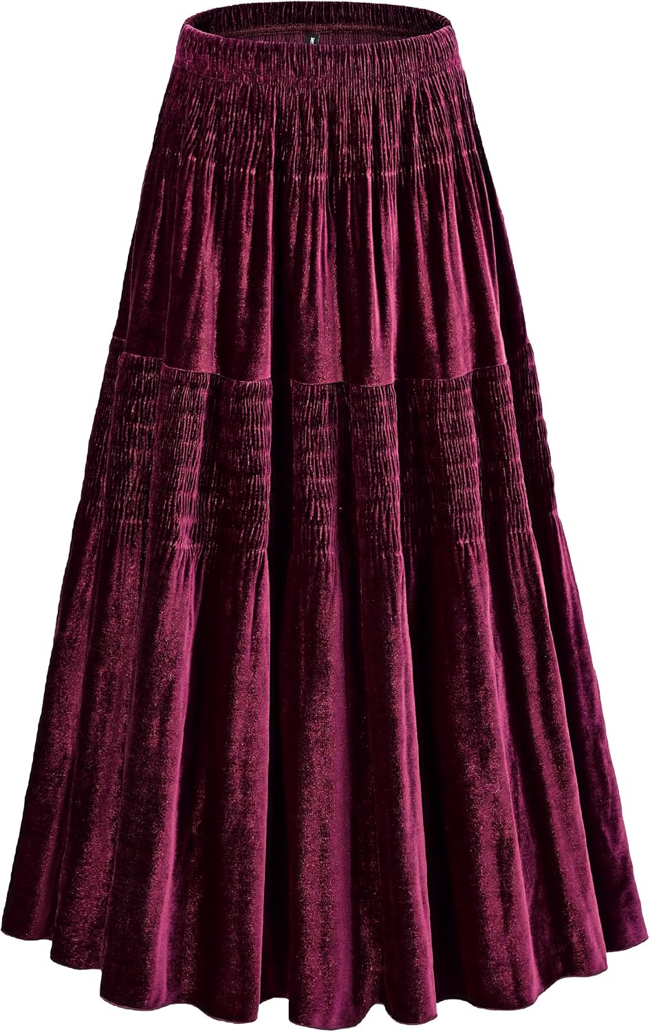 Women's Velvet Pleated Midi Skirt Elastic High Waist Fall Winter Tiered A-Line Party Long Skirts