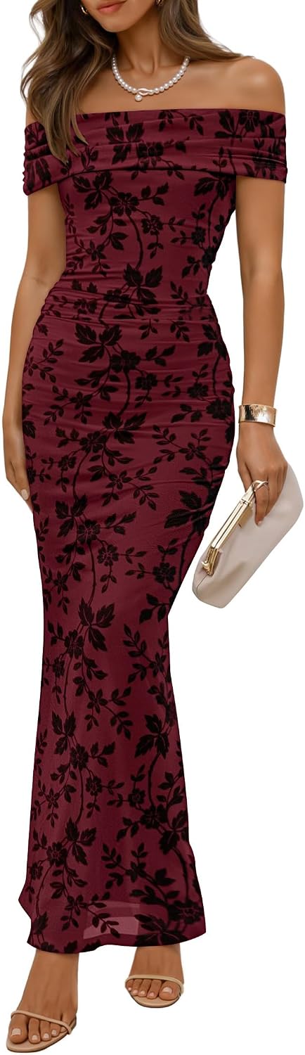 ZESICA Women's Summer Off Shoulder Floral Bodycon Ruched Maxi Formal Dress