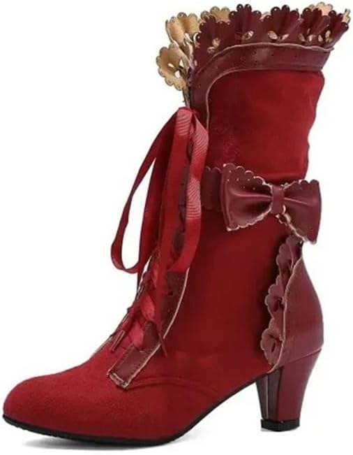 Women Victorian Boots Chunky Heels Lace up Cute Bow Knot Cosplay Costumes Witch Medieval Renaissance Mid-Calf Goth Boots Vintage Gothic Character Dance Kawaii Lolita Shoes