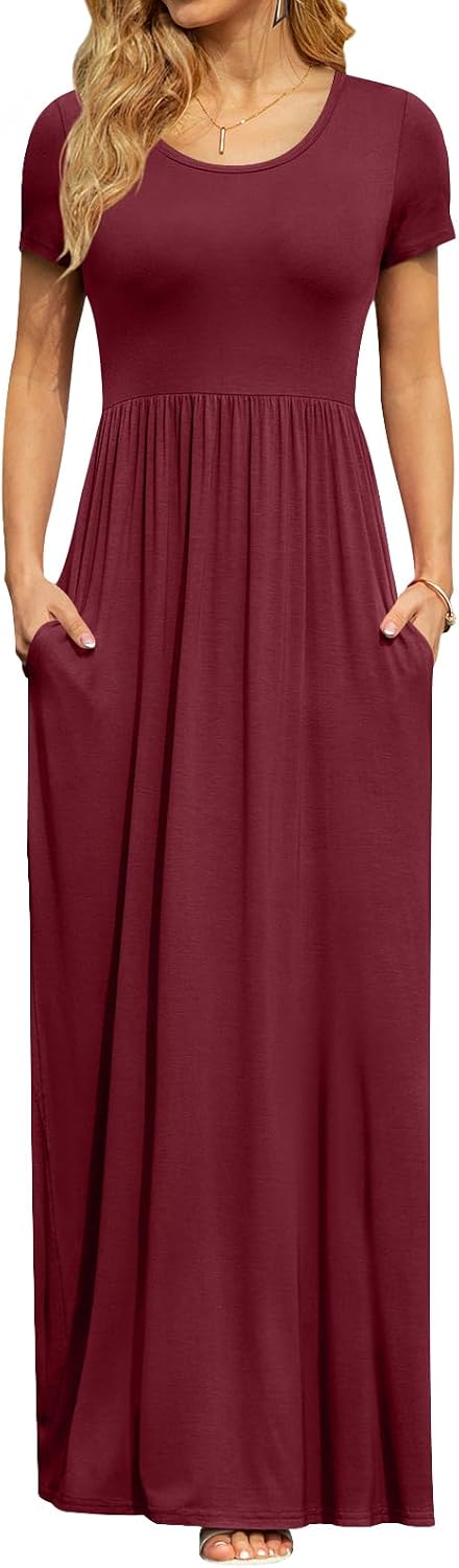 DB MOON Women's Summer Maxi Dress Casual Short Sleeve Empire Waist Pockets