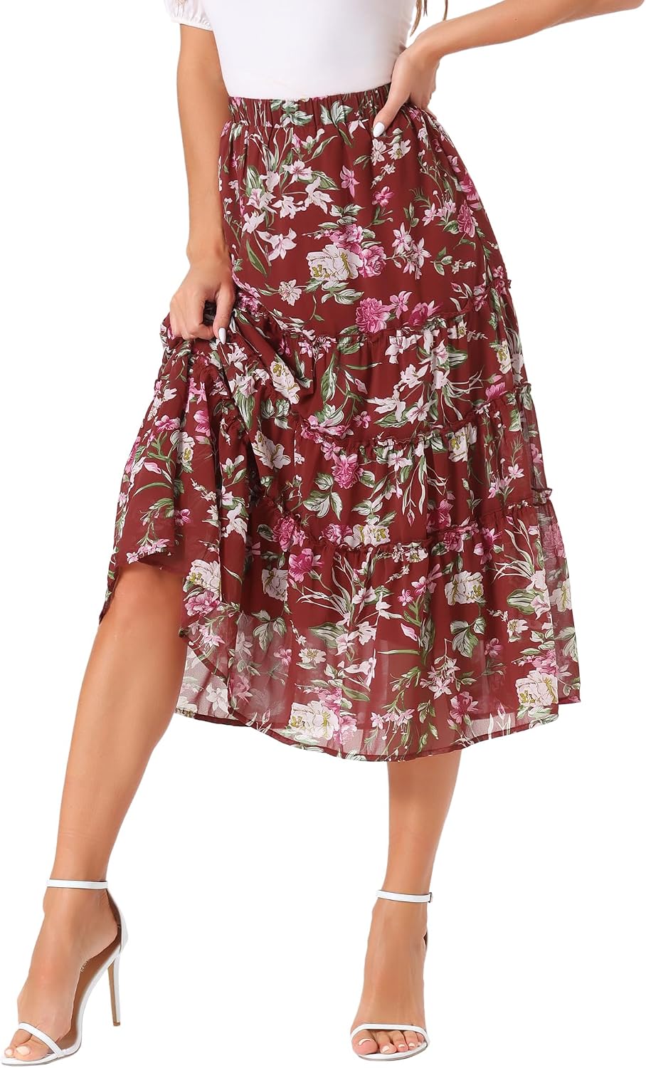 Allegra K Women's Floral Skirt Chiffon A-line Long Tiered Ruffle Maxi Skirt