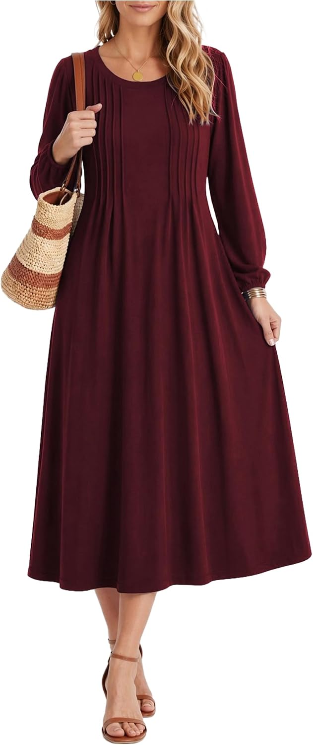 Zeagoo Fall Dresses for Women Long Sleeve Midi Dress Casual A Line Dresses 2026 Pleated Flare Dress with Pockets