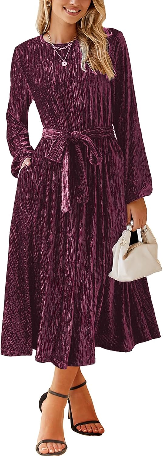 Happy Sailed Women's Velvet Dress Fashion Fall Winter Long Sleeve High Waist A-Line Semi Formal Wedding Guest Dresses