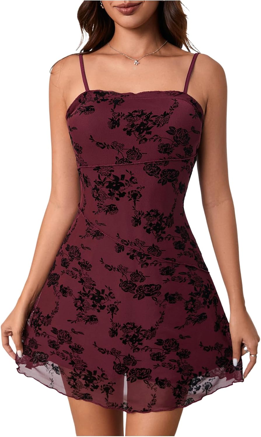 Verdusa Women's Mini Dress Floral Mesh Spaghetti Strap Short Dresses Y2k