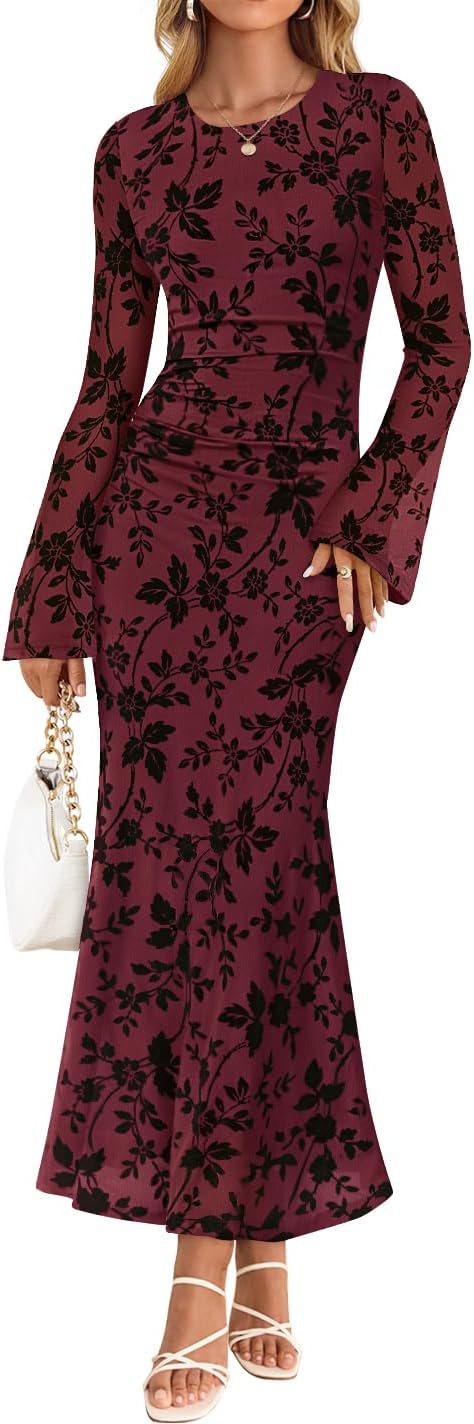 ZESICA Womens Long Sleeve Floral Fall Bodycon Ruched Mesh Maxi Formal Dress