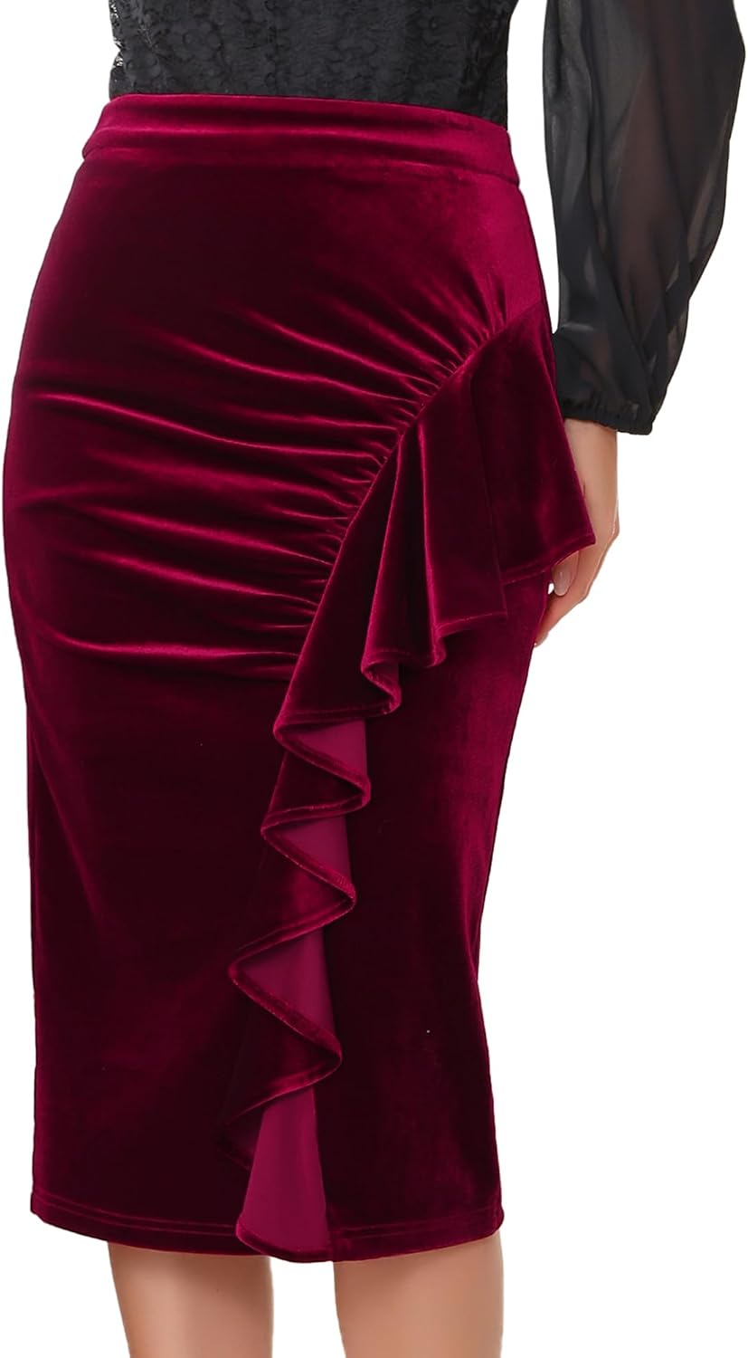 Women's Evening Bodycon Skirt Ruffled Ruched High Waist Formal Cocktail Midi Velvet Skirts