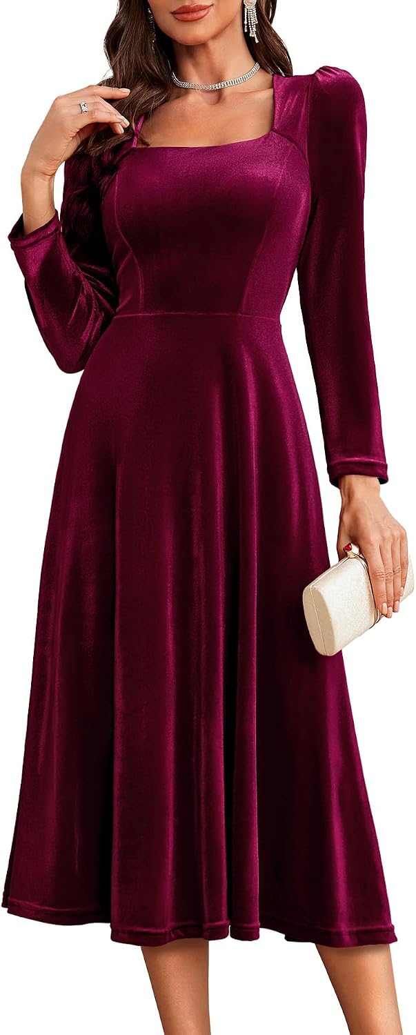 BeryLove Women Velvet Dress Cocktail Party Evening Dresses Long Sleeve Wedding Guest Formal Dresses