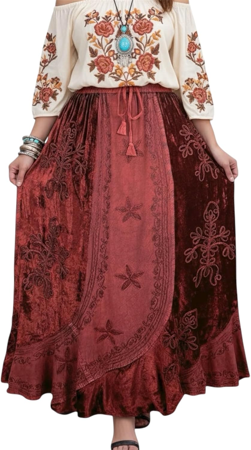 Agan Summer Long Skirts for Women, Boho Embroidered Rayon Velvet Maxi Skirt