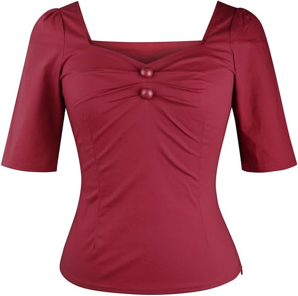 YARN & INK Women's 1950s Pinup Tops, Rockabilly Vintage Blouse Medium Sleeves Sweetheart V-Neck Shirt