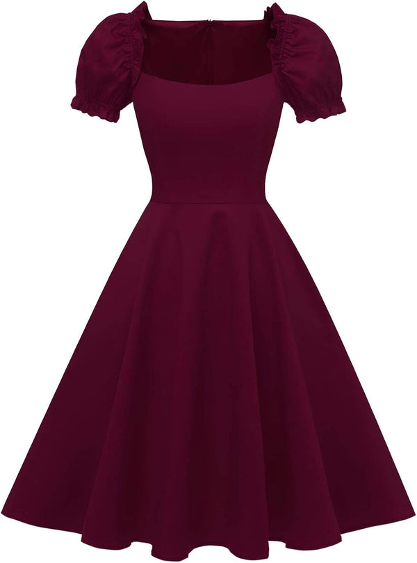 Women's Puff Short Sleeve 1950s Party Dresses Square Neck Aline Dress with Pockets