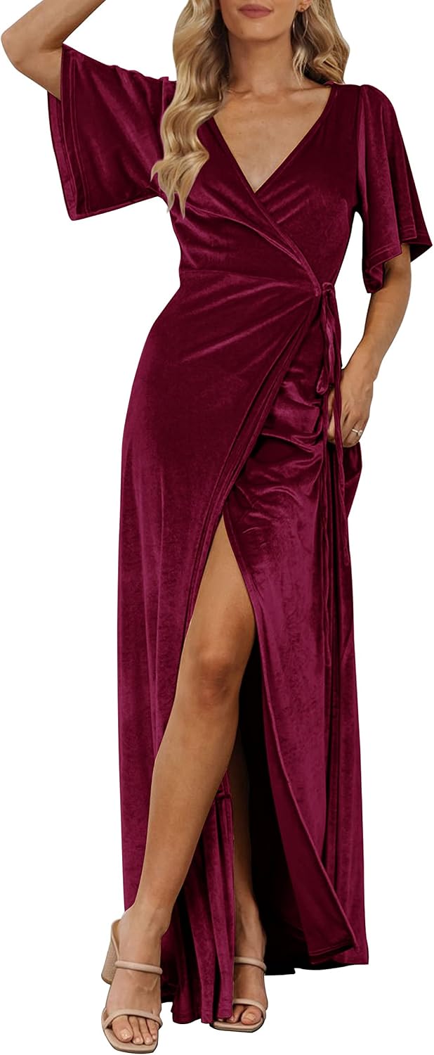 MEROKEETY Women's Wrap V Neck Wedding Guest Cocktail Velvet Maxi Dress