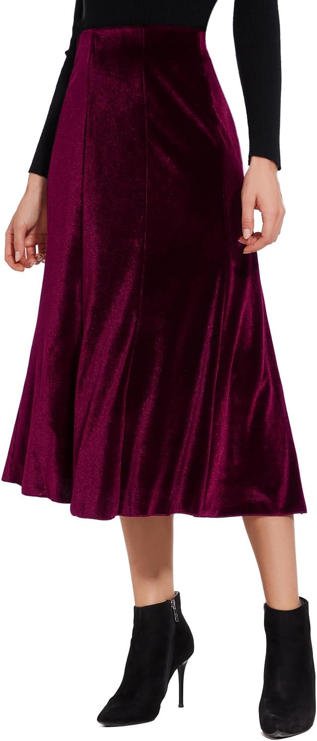 Women’s Elegant Vintage Velvet Midi Skirt Flowy 8-Panel Design
