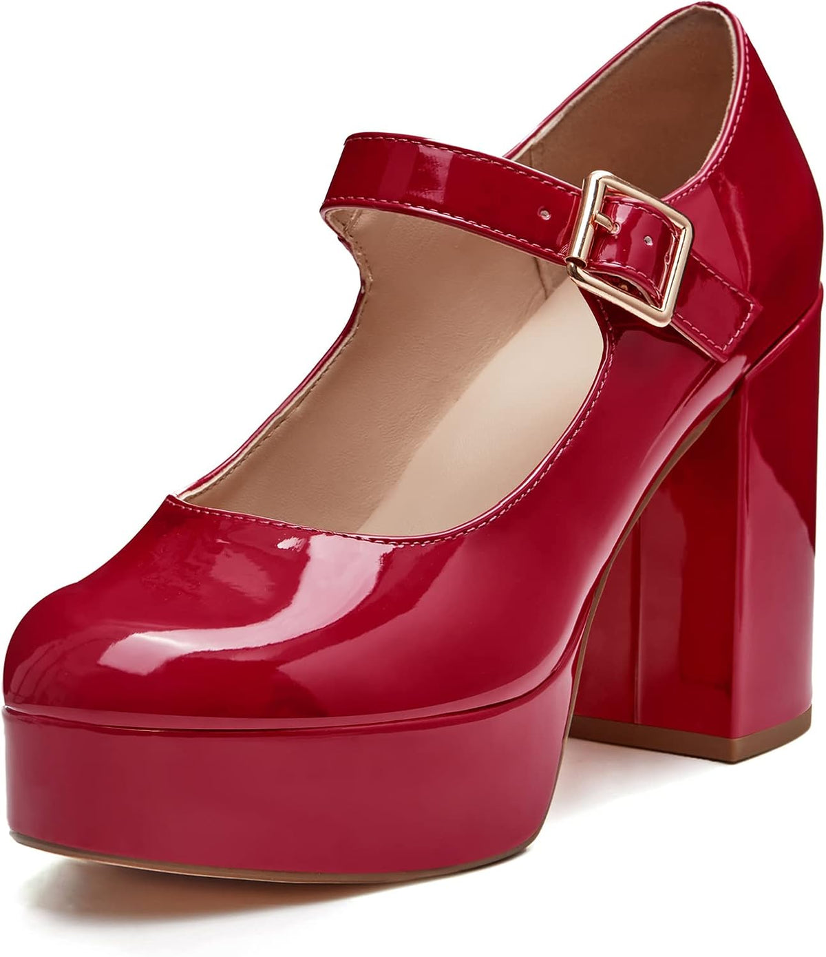 Coutgo Womens' T-Strap Round Toe Chunky Platform Heels Patent Mary Jane Dress Shoes