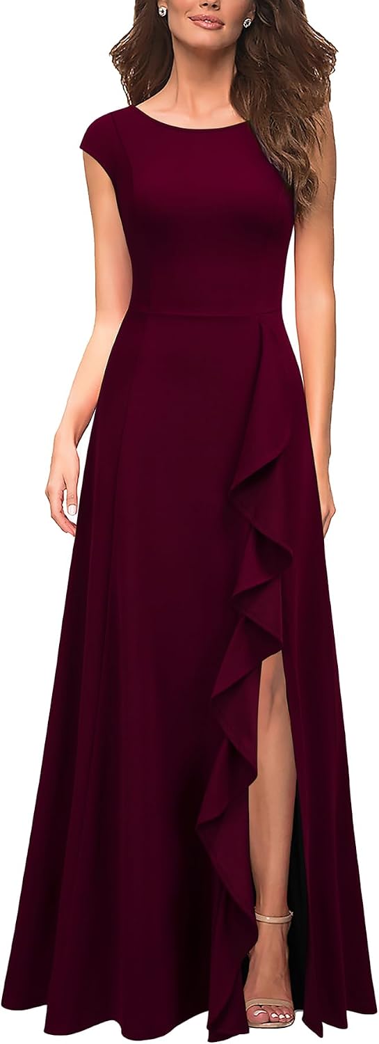 MUSHARE Women's Cocktail Dresses with Pockets Ruffled Sexy Split Party Long Formal Dress