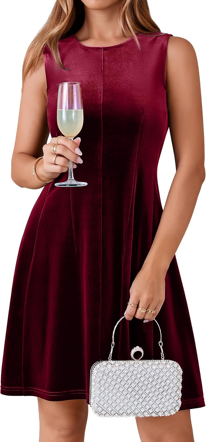 Simplee Womens Velvet Mini Dress Sleeveless Crew Neck A Line Cocktail Party Dress Fall Winter