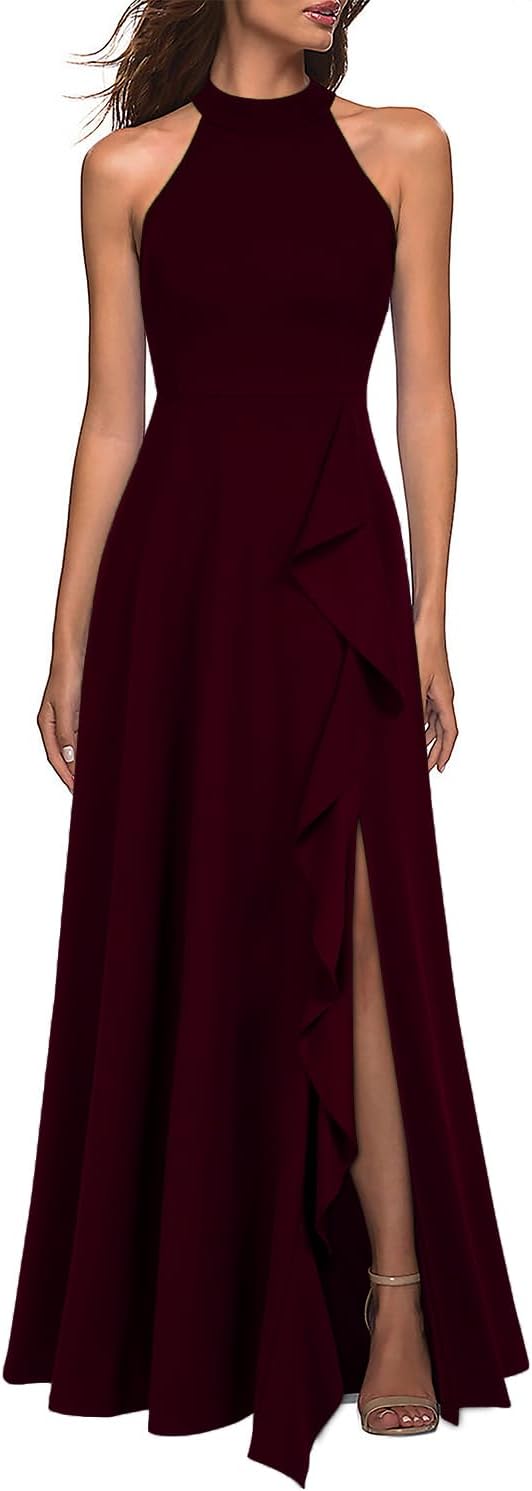 WOOSEA Women's High Neck Sexy Split Evening Cocktail Party Maxi Long Formal Dress