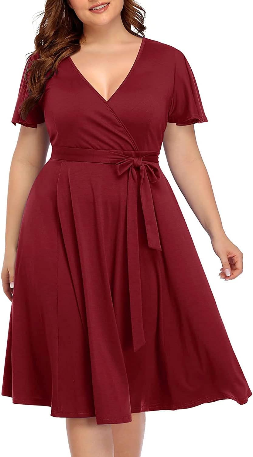 Pinup Fashion Plus Size Wedding Guest Semi Formal Cocktail Wrap Knee Dress | Knit, faux wrap v-neck, short ruffle sleeves, empire waist, removable belt, knee-length, wedding guest, semi formal, easter