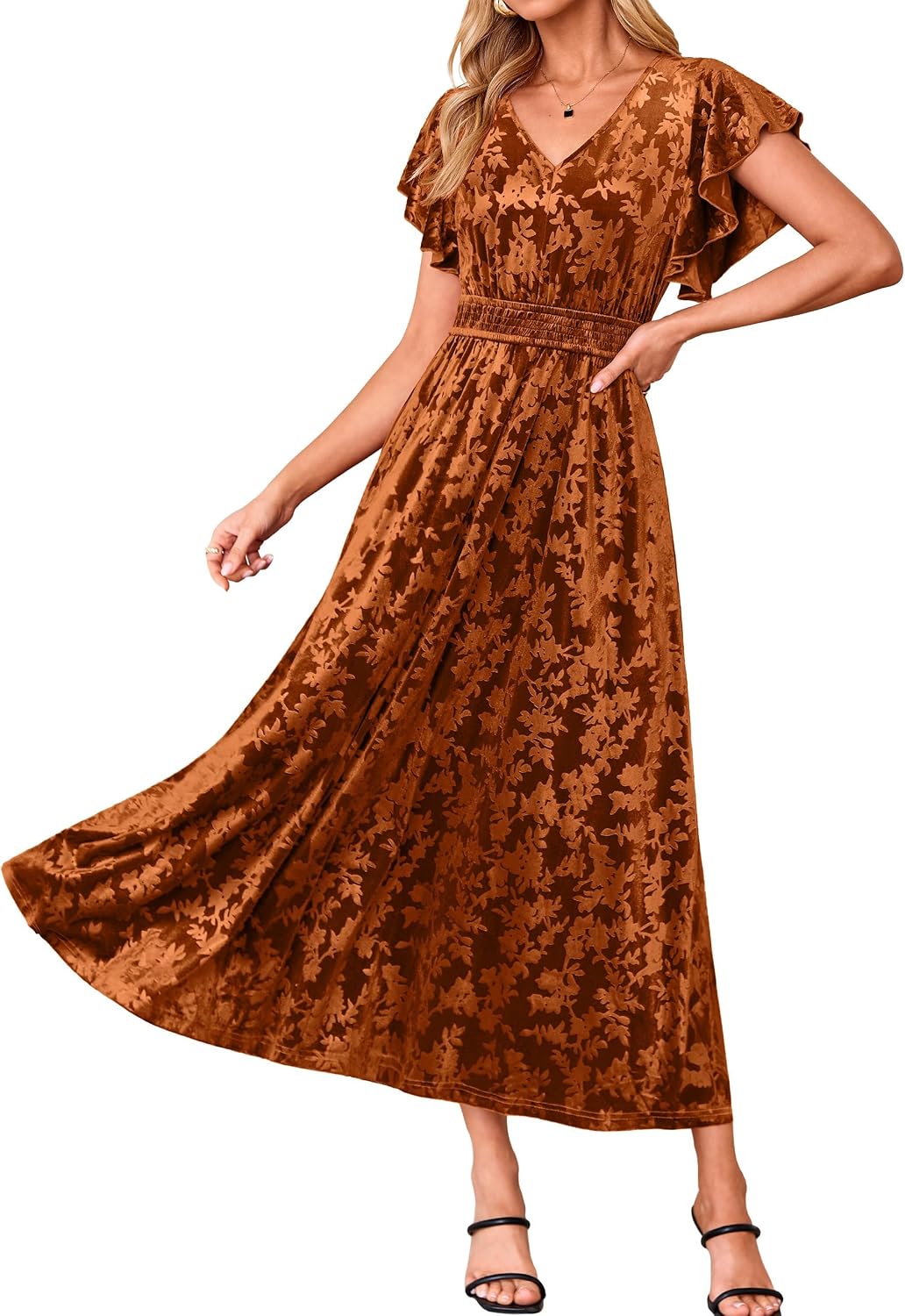 BerryGo Women's Fall Velvet Floral Maxi Wedding Guest Dress