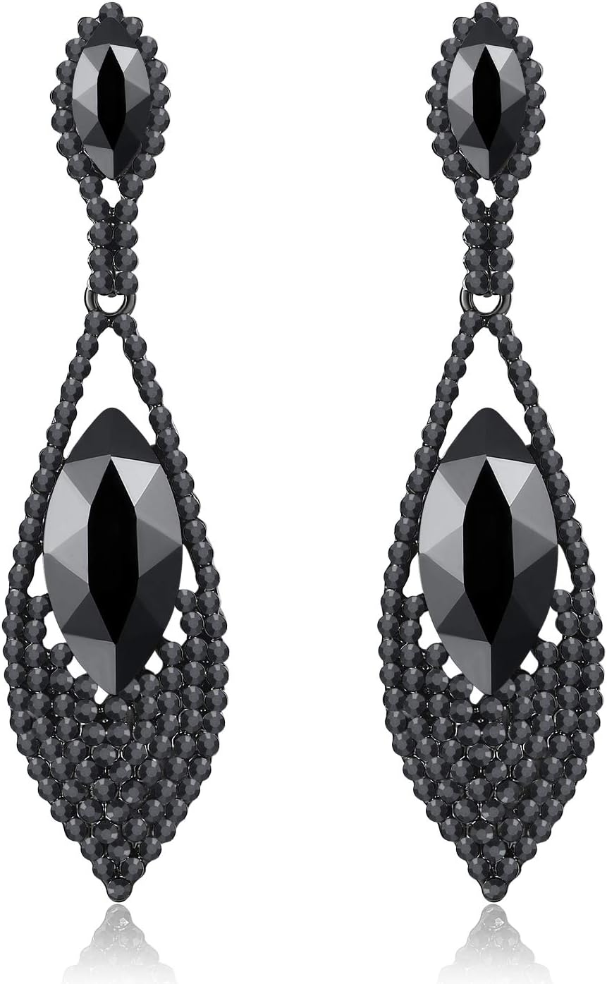 Vintage Floral Teardrop Butterfly Wing Black Austrian Crystal Drop Dangle Earrings for Women Bride Gift
