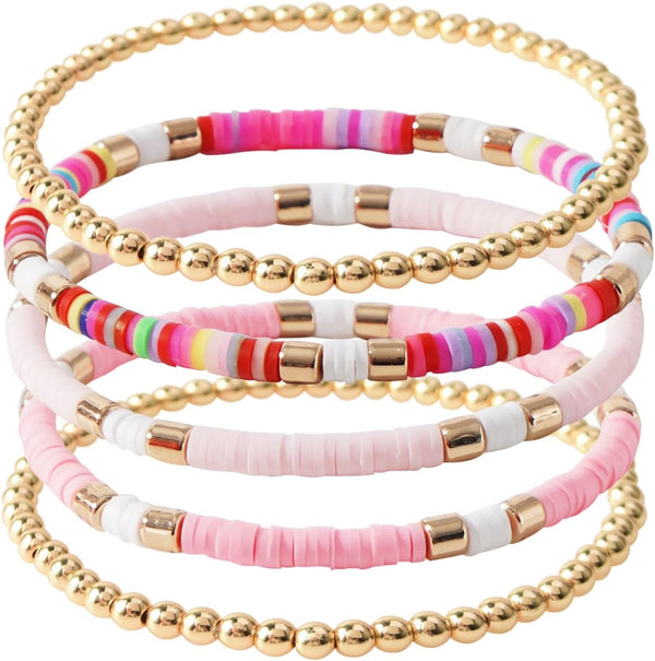 Surfer Heishi Clay Bead Bracelets for Women Bohemian Stackable Gold Plated Beaded Stretch Bracelets Elastic Layering Friendship Bracelets Set Boho Jewelry