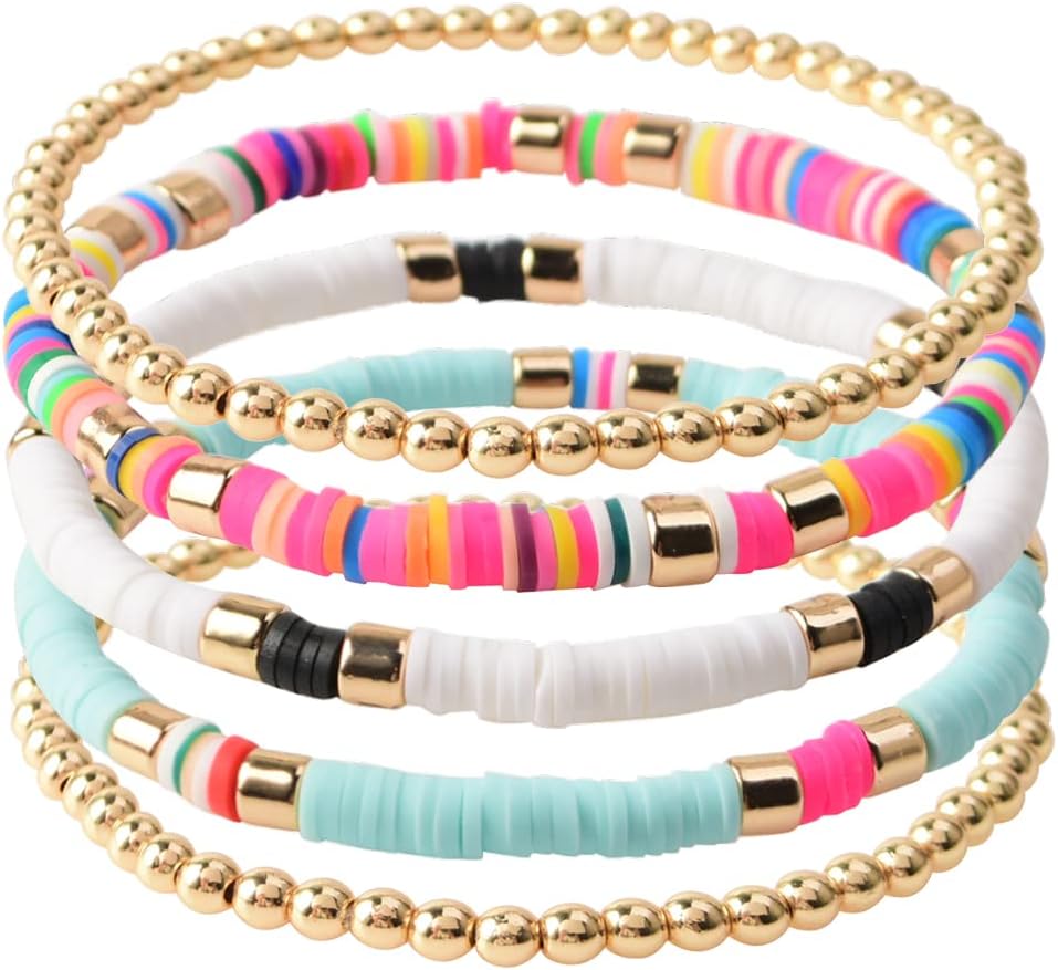 Surfer Heishi Clay Bead Bracelets for Women Bohemian Stackable Gold Plated Beaded Stretch Bracelets Elastic Layering Friendship Bracelets Set Boho Jewelry