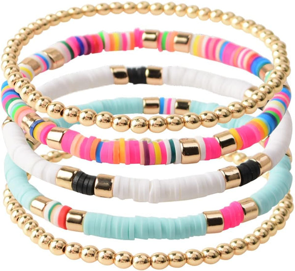 Surfer Heishi Clay Bead Bracelets for Women Bohemian Stackable Gold Plated Beaded Stretch Bracelets Elastic Layering Friendship Bracelets Set Boho Jewelry