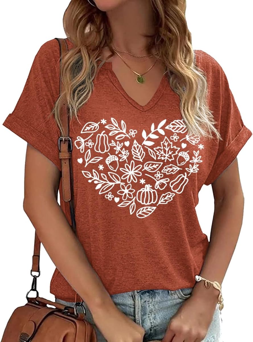 Earlymemb Women Fall Halloween Doodles V Neck Shirt Thanksgiving Casual Tee