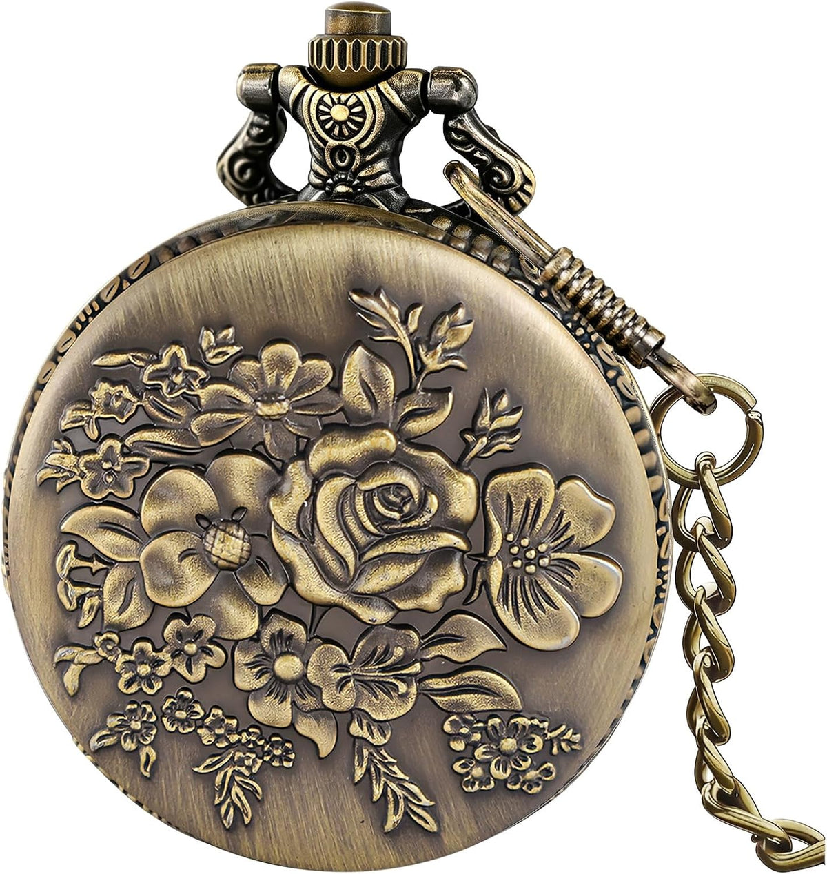 Vintage 3D Flower Quartz Pocket Watch with Chain
