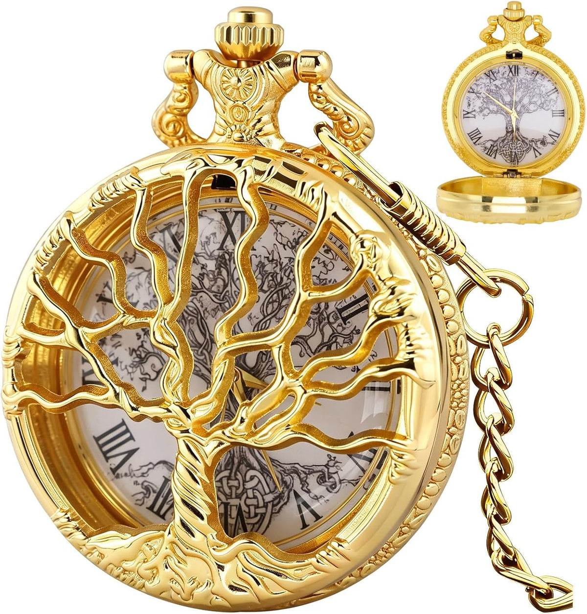 Pocket Watch Hollow Tree of Life Design Roman Numerals Customizable Qu