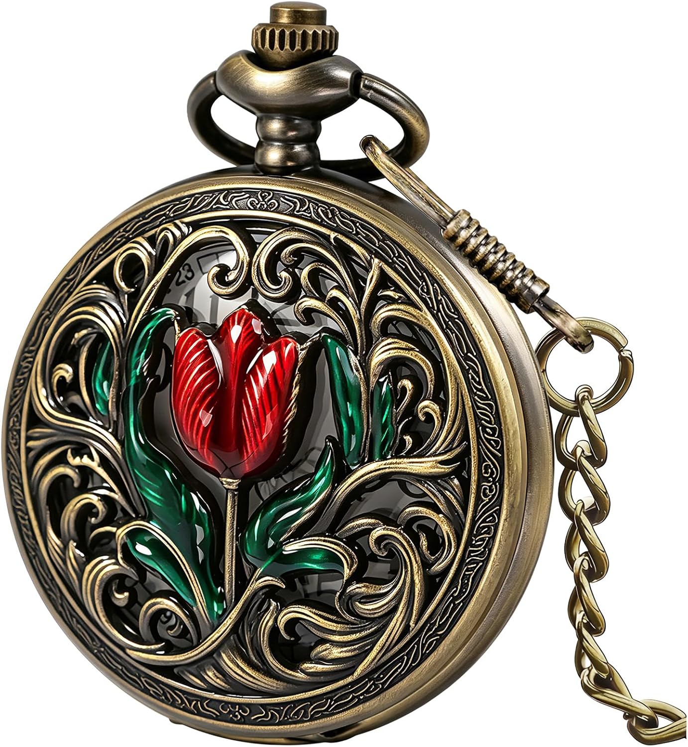 Vintage 3D Flower Quartz Pocket Watch with Chain